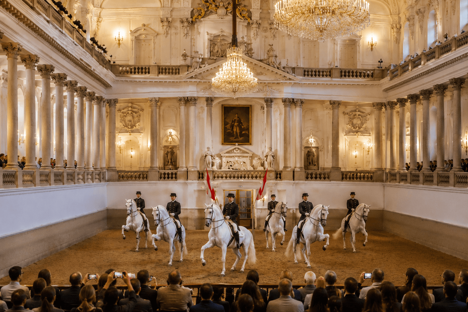 A white Lipizzaner stallion, the breed synonymous with the Spanish Riding School
