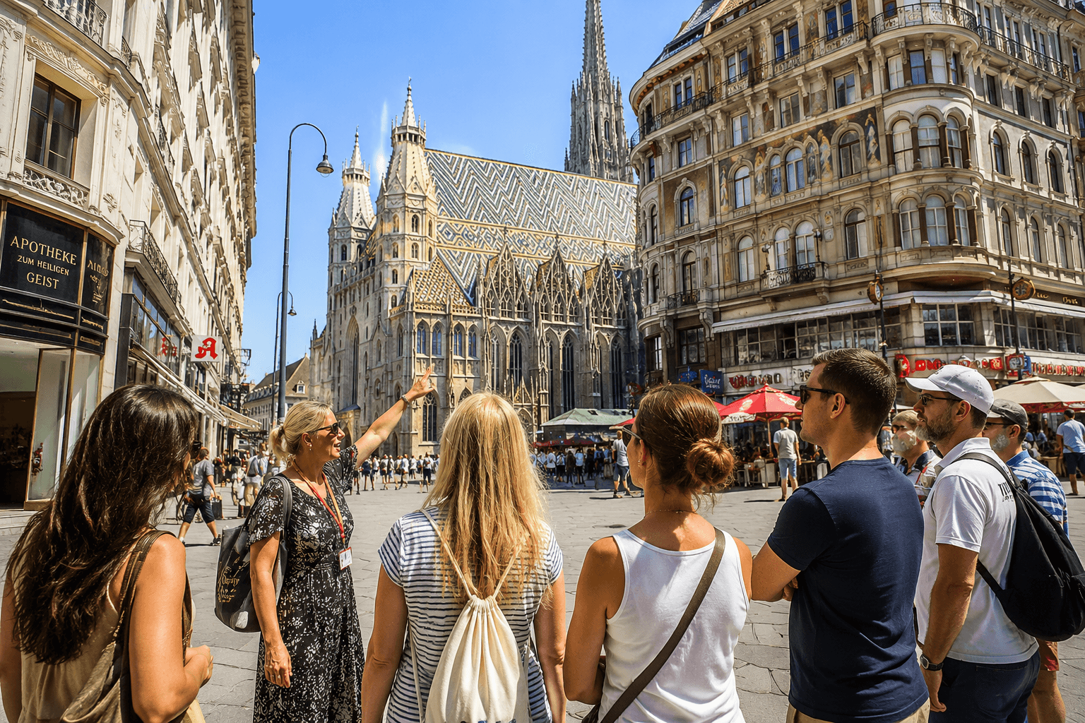 Guided walking tour in Vienna’s historic city centre with visitors near St. Stephen’s Cathedral.